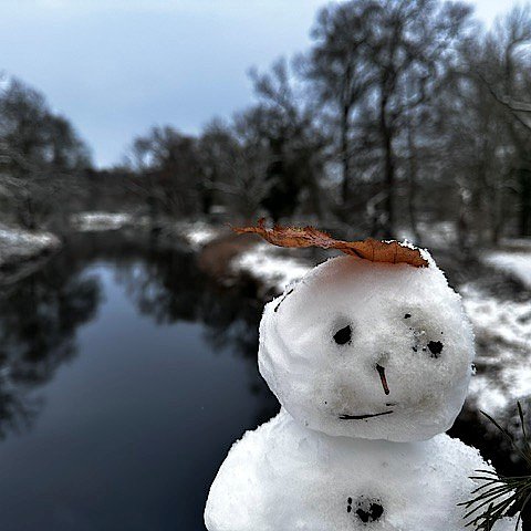 Schneemann vor einem Fluss. Am Ufer sind Bäume.