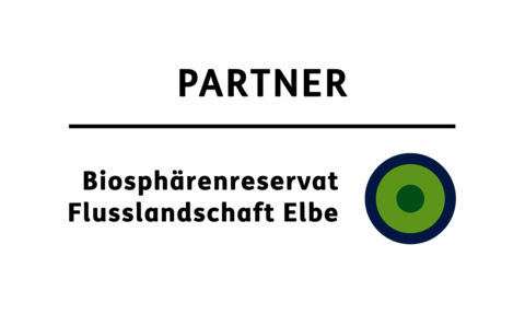 Logo des Biosphärenreservates Flusslandschaft Elbe Logo Punkt mit blauem Punkt innen und grünem Kreis